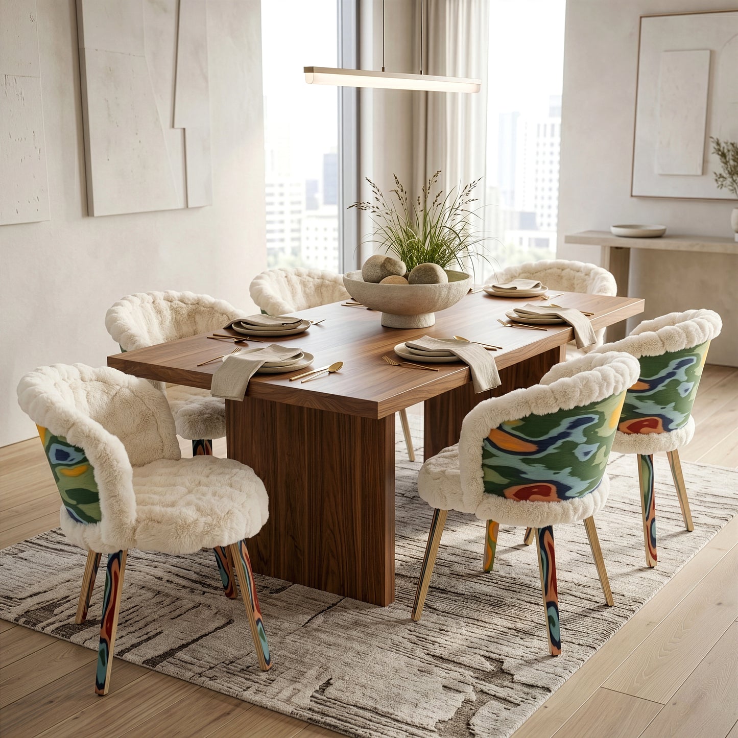 Set of 2 Beverly White Sherpa Fabric Dining Chair with Colorful Wood
