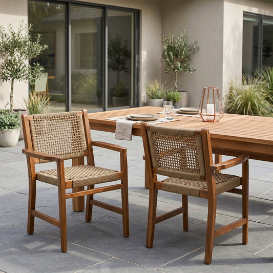 Set of 2 Blanca Brown Teakwood Indoor/Outdoor Dining Chair with Hand-Woven Synthetic Rattan Seat and Back