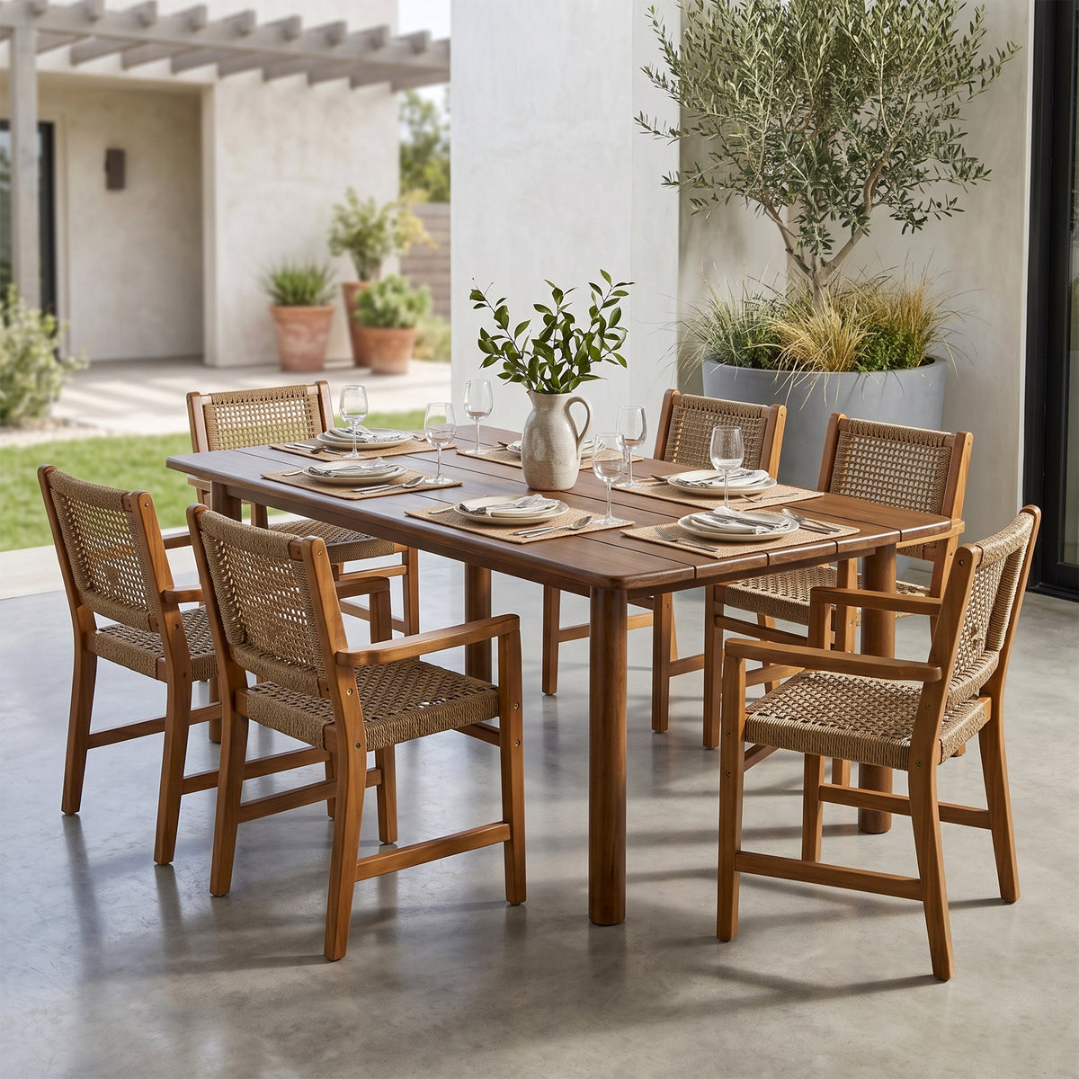 Set of 2 Blanca Brown Teakwood Indoor/Outdoor Dining Chair with Hand-Woven Synthetic Rattan Seat and Back