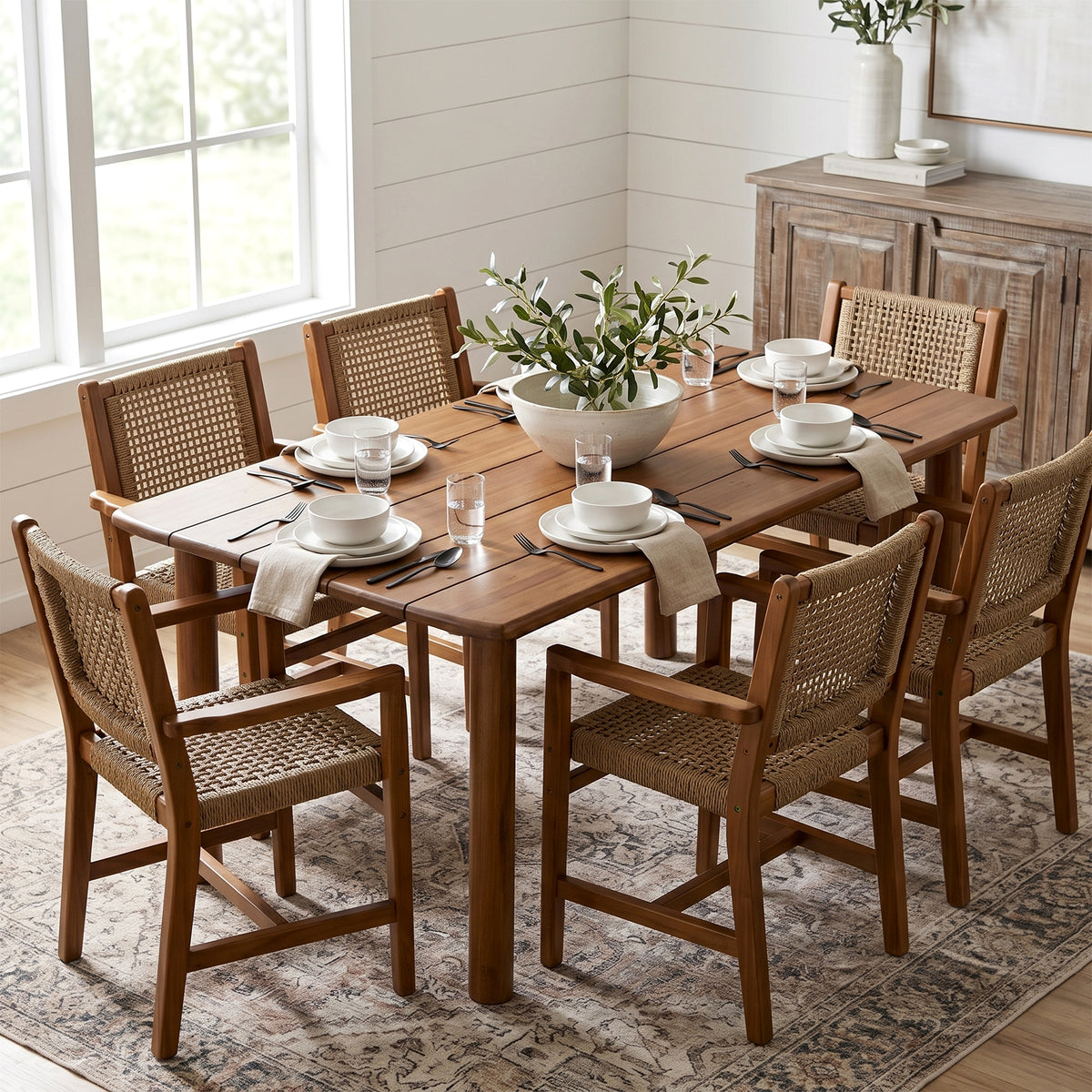 Set of 2 Blanca Brown Teakwood Indoor/Outdoor Dining Chair with Hand-Woven Synthetic Rattan Seat and Back