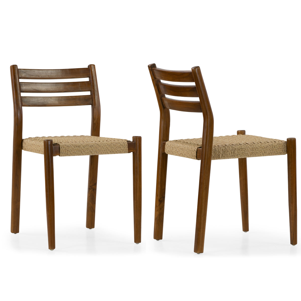 Set of 2 Bleta Brown Teakwood Indoor/Outdoor Dining Chair with Hand-Woven Seat and Slatted Back