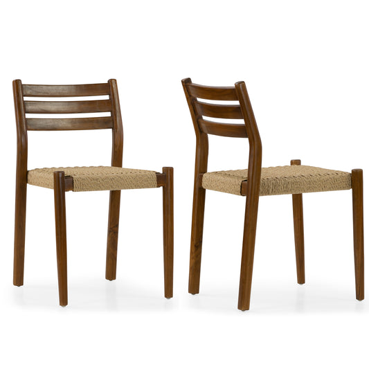 Set of 2 Bleta Brown Teakwood Indoor/Outdoor Dining Chair with Hand-Woven Seat and Slatted Back