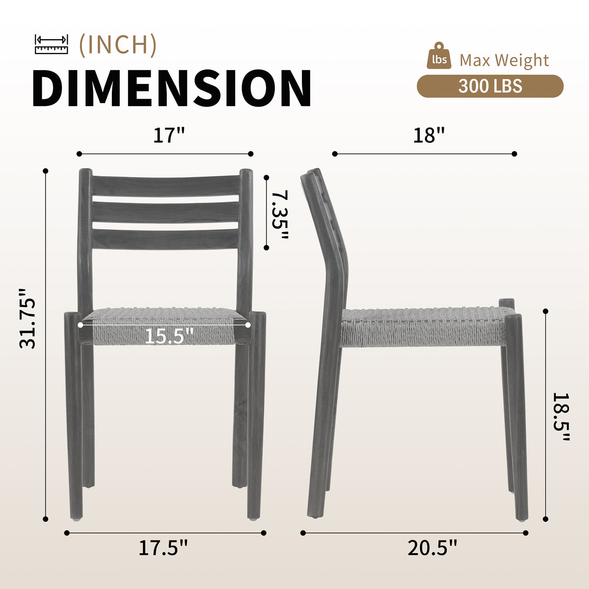 Set of 2 Bleta Brown Teakwood Indoor/Outdoor Dining Chair with Hand-Woven Seat and Slatted Back