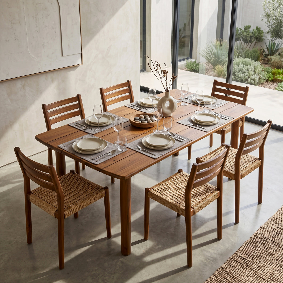 Set of 2 Bleta Brown Teakwood Indoor/Outdoor Dining Chair with Hand-Woven Seat and Slatted Back