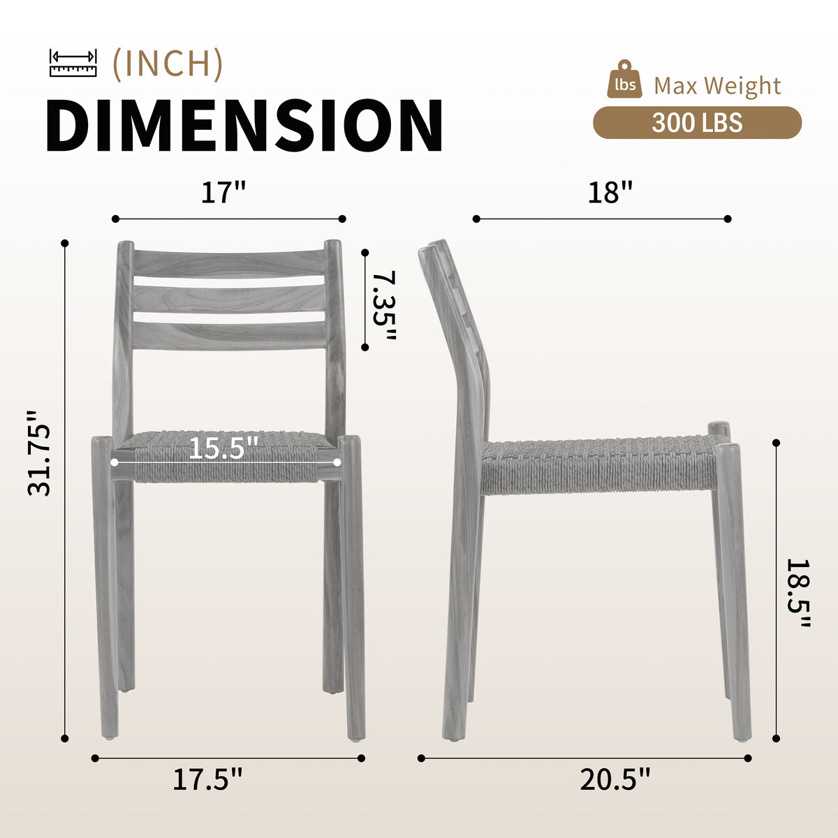 Set of 2 Bleta Light Teakwood Indoor/Outdoor Dining Chair with Hand-Woven Seat and Slatted Back