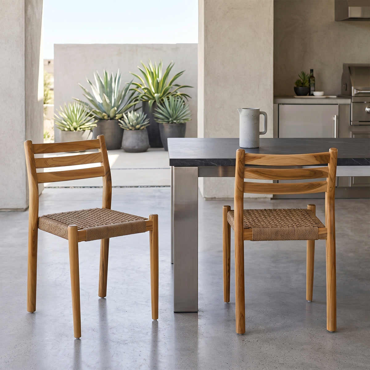 Set of 2 Bleta Light Teakwood Indoor/Outdoor Dining Chair with Hand-Woven Seat and Slatted Back