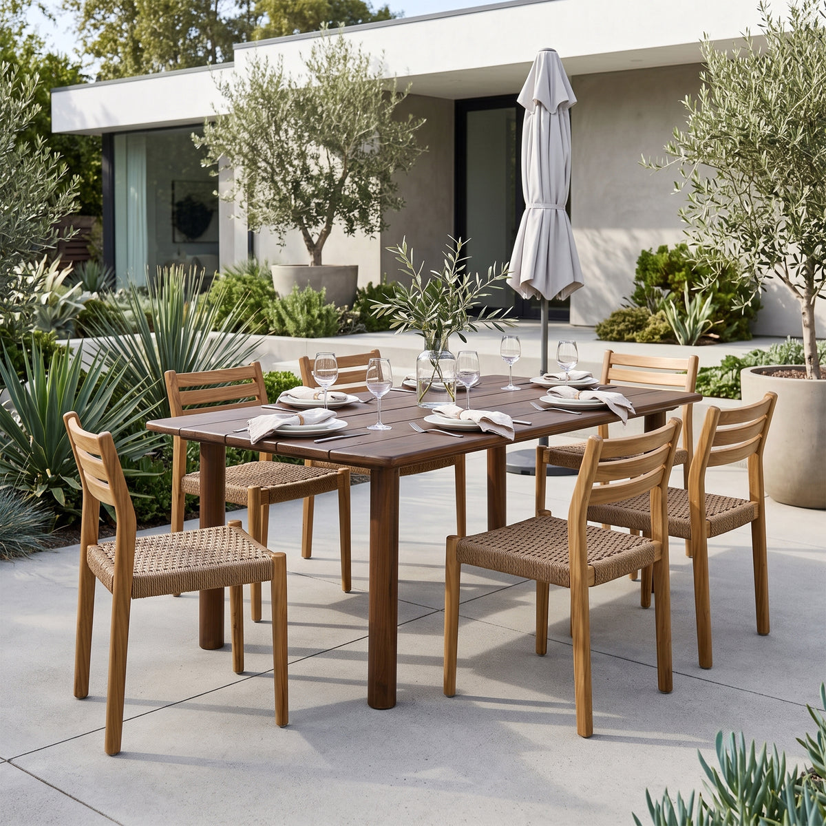Set of 2 Bleta Light Teakwood Indoor/Outdoor Dining Chair with Hand-Woven Seat and Slatted Back