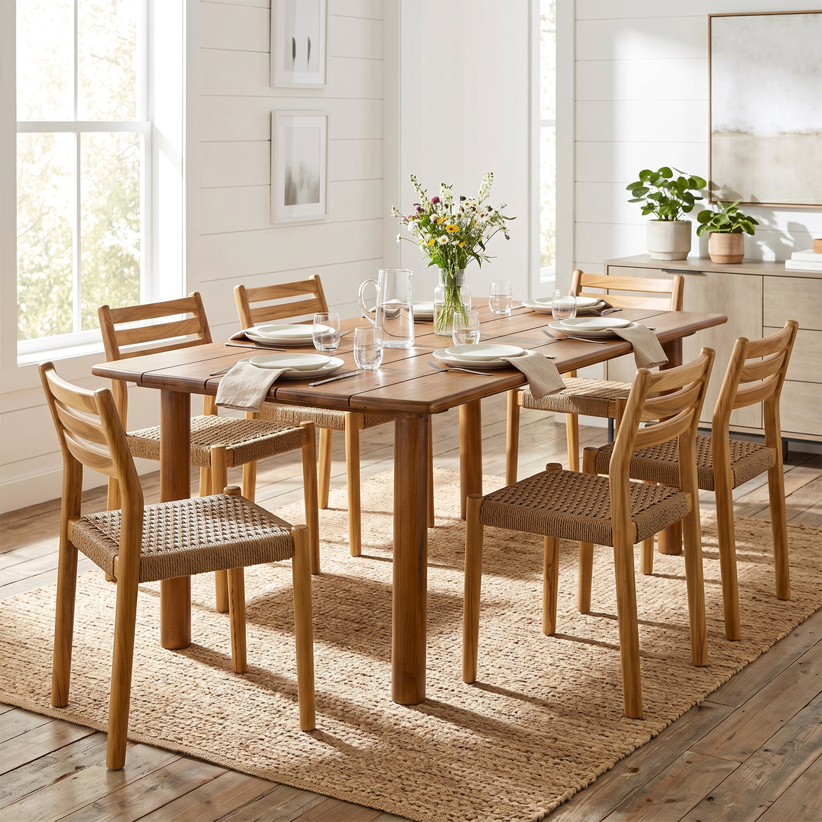 Set of 2 Bleta Light Teakwood Indoor/Outdoor Dining Chair with Hand-Woven Seat and Slatted Back