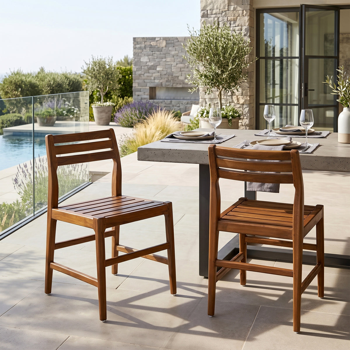 Set of 2 Blas Brown Teakwood Indoor/Outdoor Dining Chair with Slatted Seat and Back