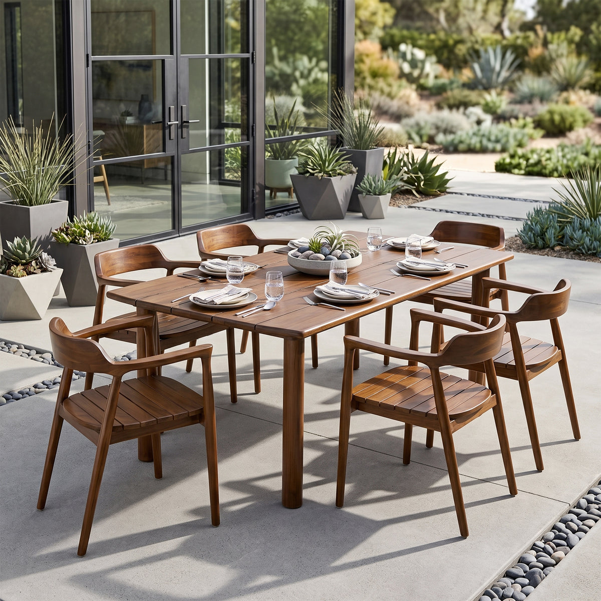 Blenda Brown Teakwood Indoor/Outdoor Dining Chair with Slatted Seat and Curved Back