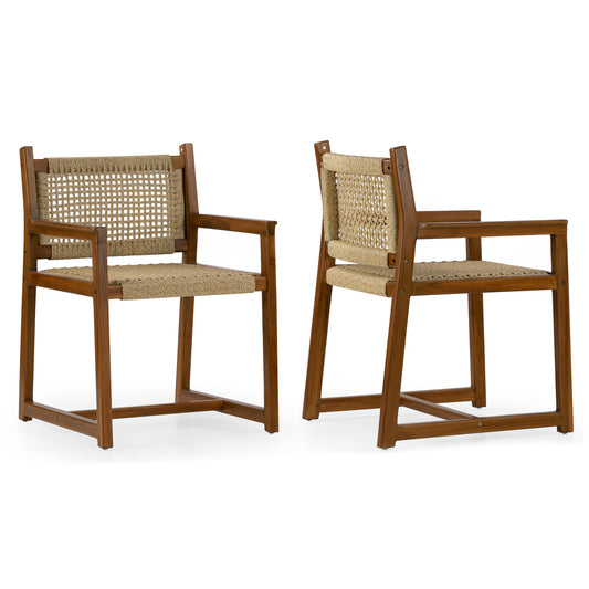 Set of 2 Bojana Brown Teakwood Indoor/Outdoor Dining Chair with Hand-Woven Synthetic Rattan Seat and Back