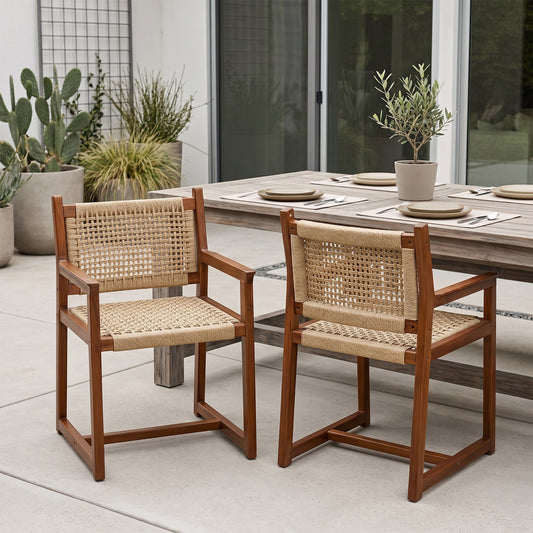 Set of 2 Bojana Brown Teakwood Indoor/Outdoor Dining Chair with Hand-Woven Synthetic Rattan Seat and Back