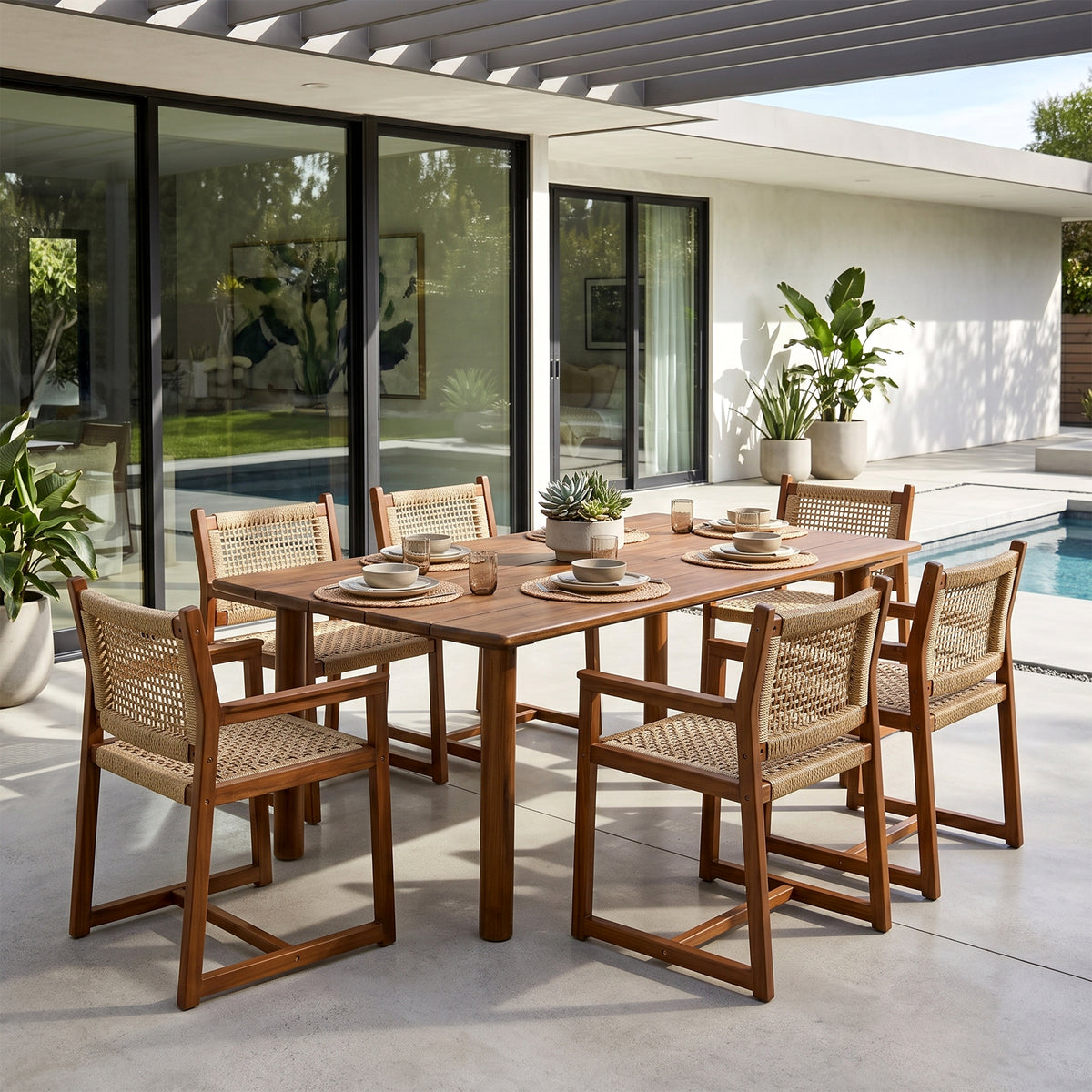 Set of 2 Bojana Brown Teakwood Indoor/Outdoor Dining Chair with Hand-Woven Synthetic Rattan Seat and Back