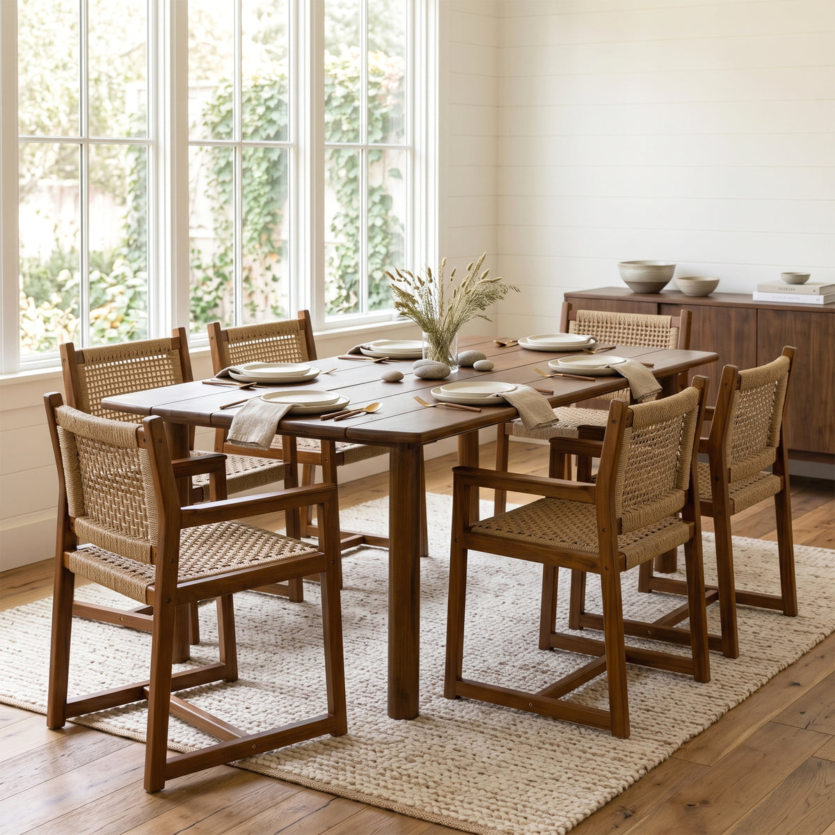 Set of 2 Bojana Brown Teakwood Indoor/Outdoor Dining Chair with Hand-Woven Synthetic Rattan Seat and Back