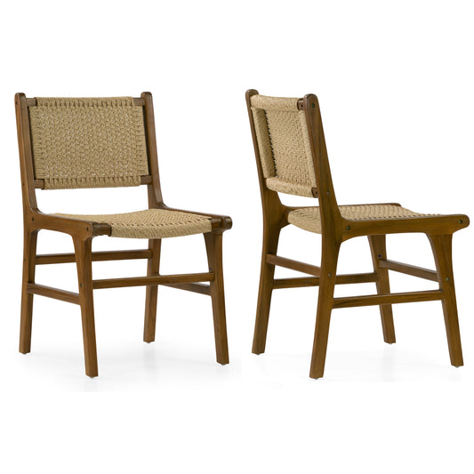 Set of 2 Bolesia Brown Teakwood Indoor/Outdoor Dining Chair with Hand-Woven Synthetic Rattan Seat and Back
