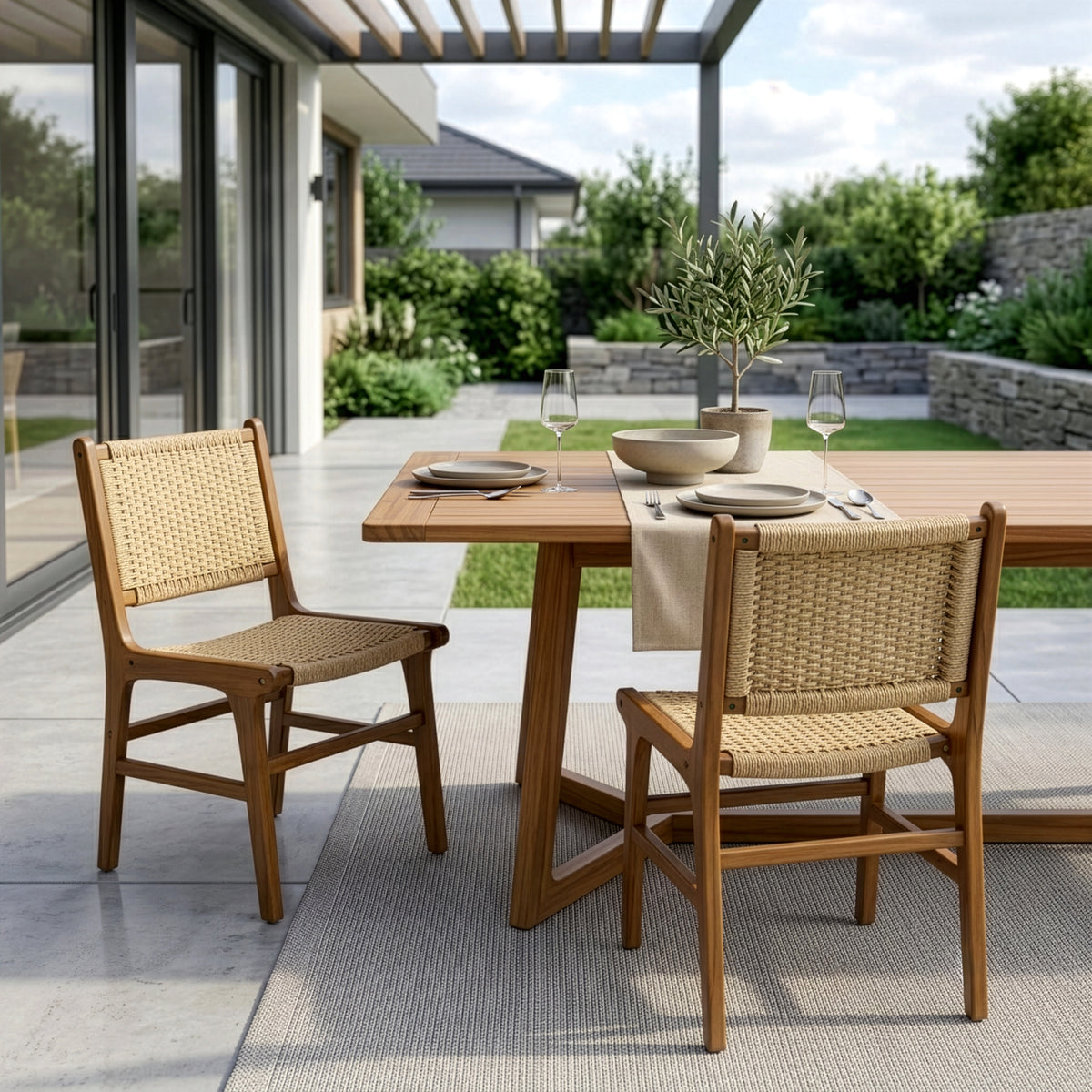 Set of 2 Bolesia Brown Teakwood Indoor/Outdoor Dining Chair with Hand-Woven Synthetic Rattan Seat and Back