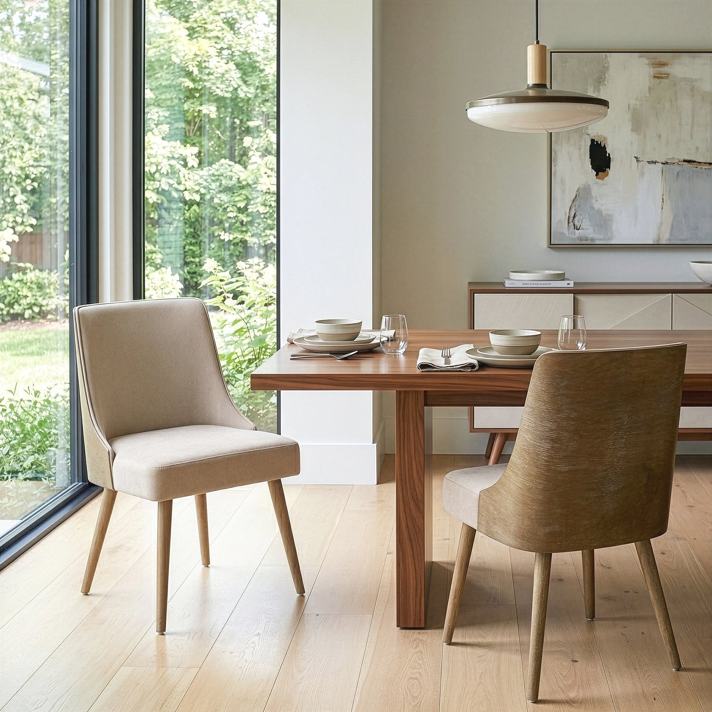 Set of 2 Esmy Beige Fabric Chair with Washed Bentwood Back and Solid Wood Legs