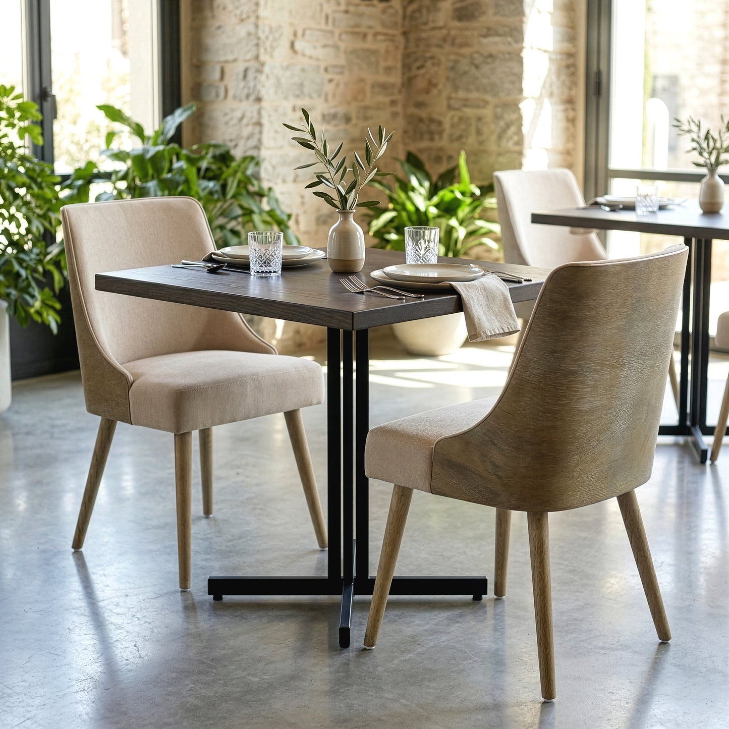 Set of 2 Esmy Beige Fabric Chair with Washed Bentwood Back and Solid Wood Legs