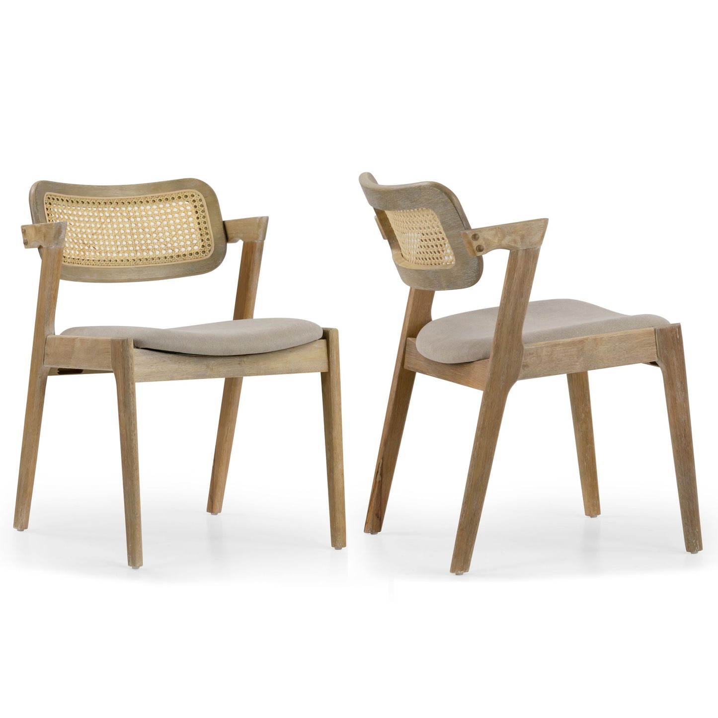 Set of 2 Azula Beige Fabric Dining Chair with Rattan Back and Washed Wood Legs