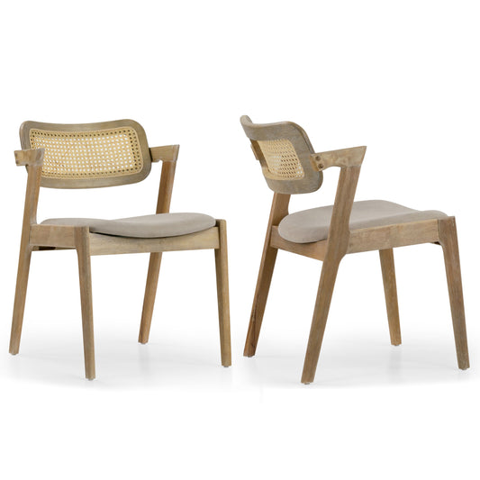 Set of 2 Azula Beige Fabric Dining Chair with Rattan Back and Washed Wood Legs