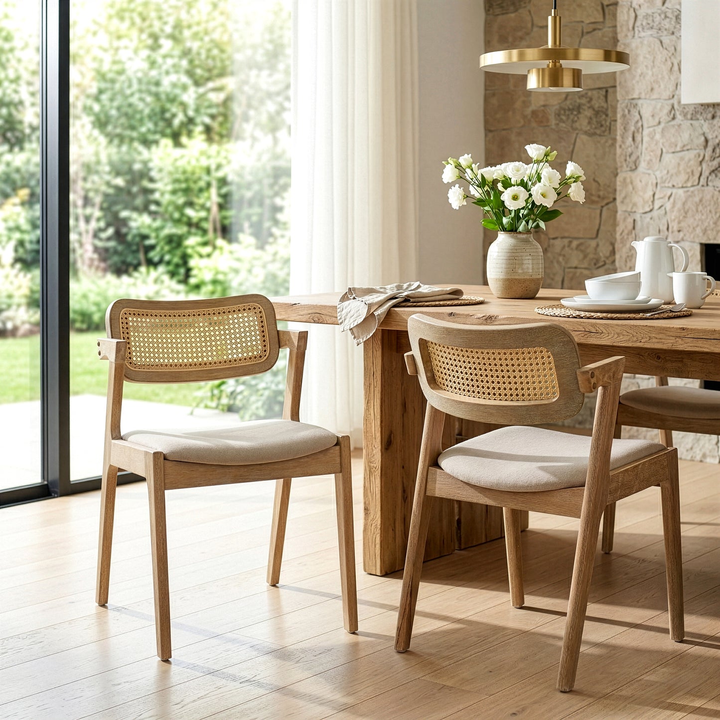 Set of 2 Azula Beige Fabric Dining Chair with Rattan Back and Washed Wood Legs