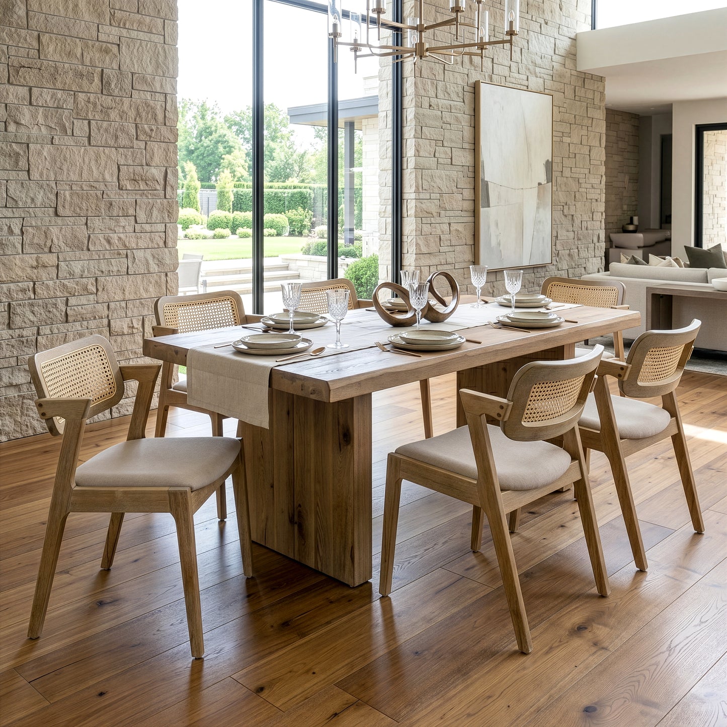 Set of 2 Azula Beige Fabric Dining Chair with Rattan Back and Washed Wood Legs