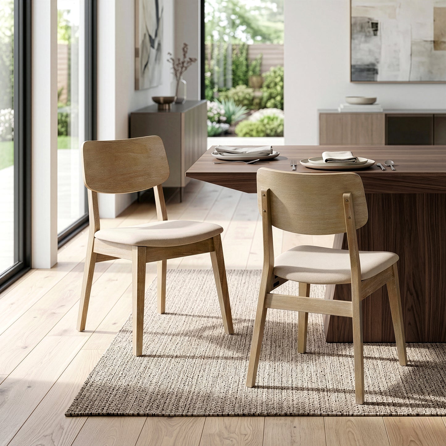 Set of 2 Astin Washed Wood Chair with Beige Fabric Seat