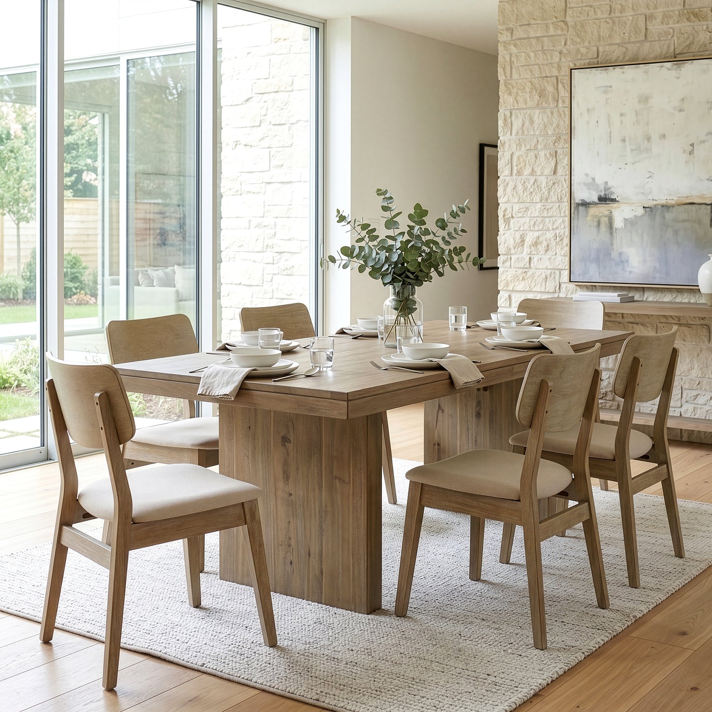 Set of 2 Astin Washed Wood Chair with Beige Fabric Seat