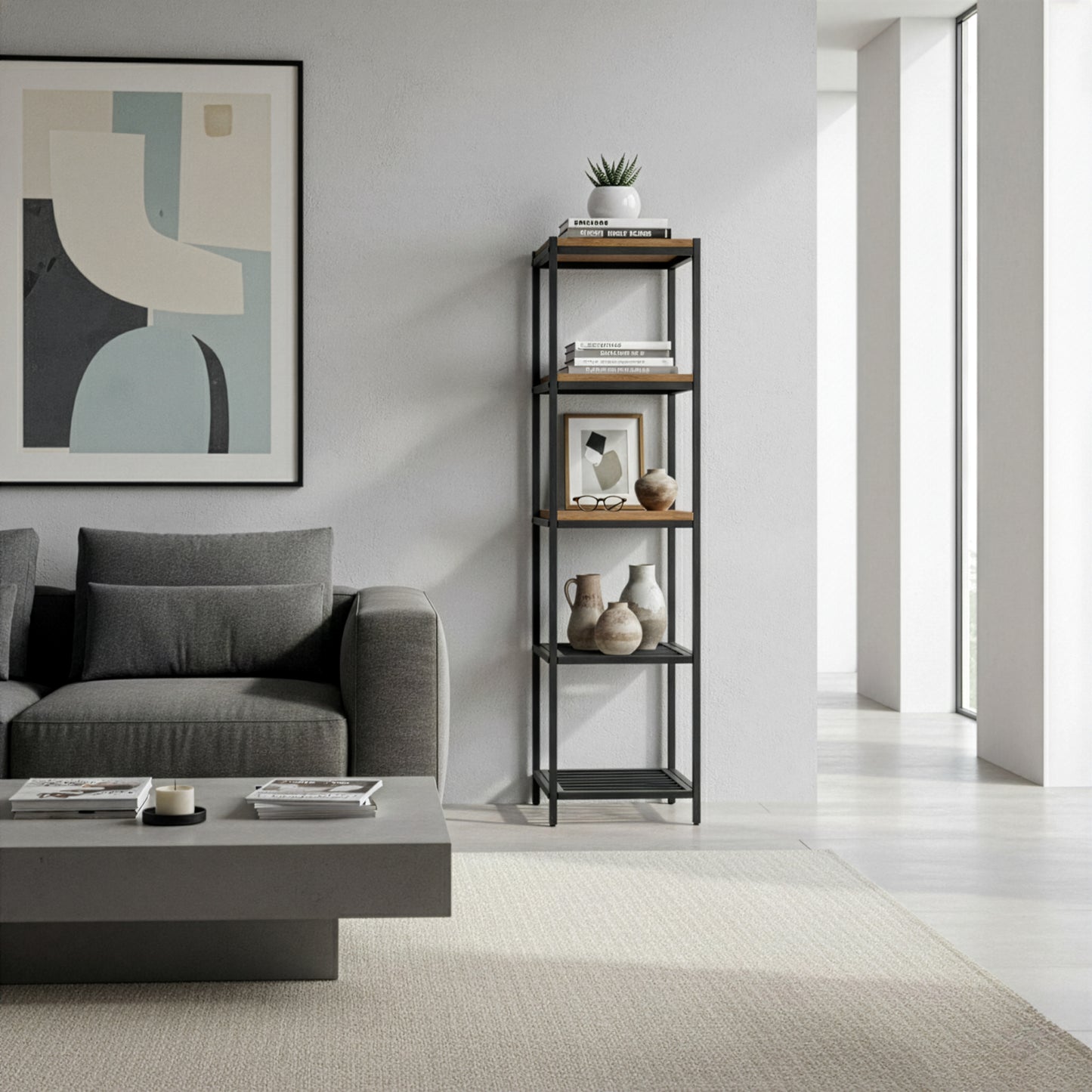 Ailis 57" Brown Pine Wood Metal Frame Etagere Bookcase Shelf Media Center