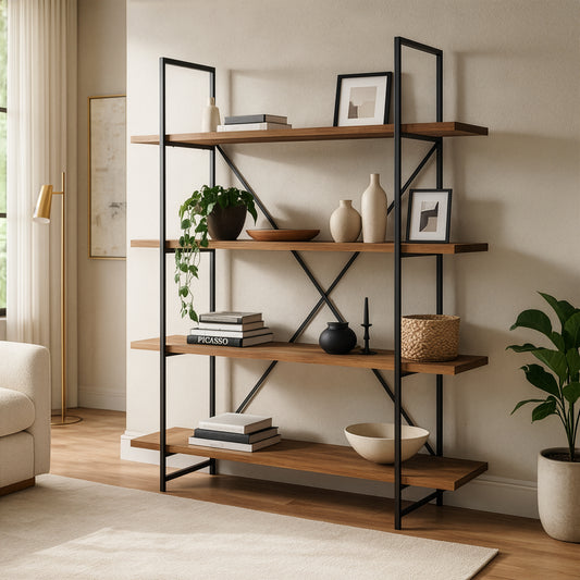Ailis 75" Brown Pine Wood Metal Frame Etagere Bookcase Four-shelf Media Center
