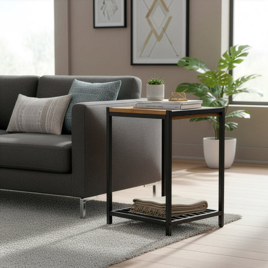 Ailis Brown Pine Wood Black Metal Frame End Table Accent Table