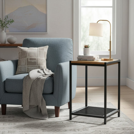 Ailis Brown Pine Wood Black Metal Frame End Table Accent Table