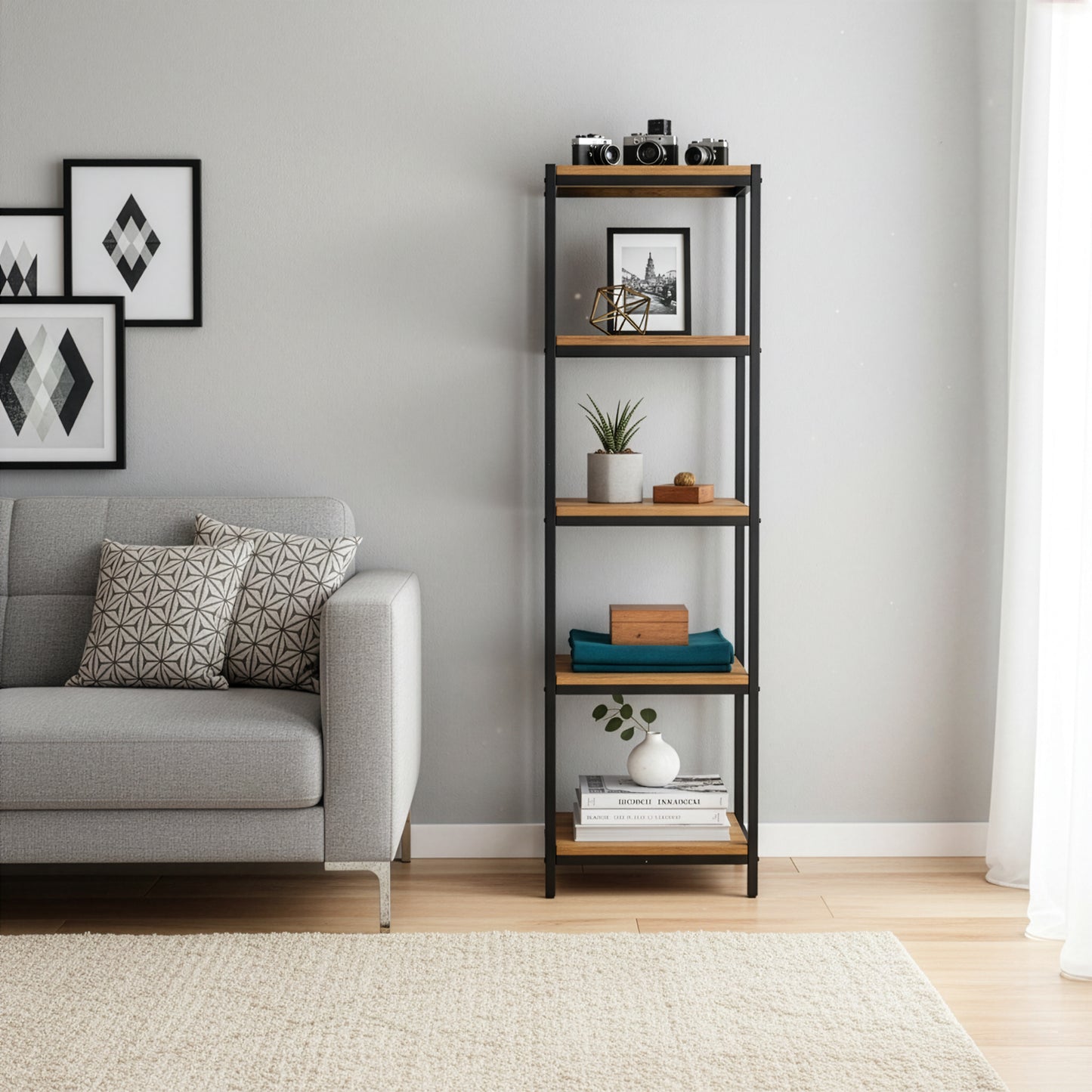 Ailis 57" Brown Pine Wood Shelf Etagere Bookcase Media Center with Metal Frame