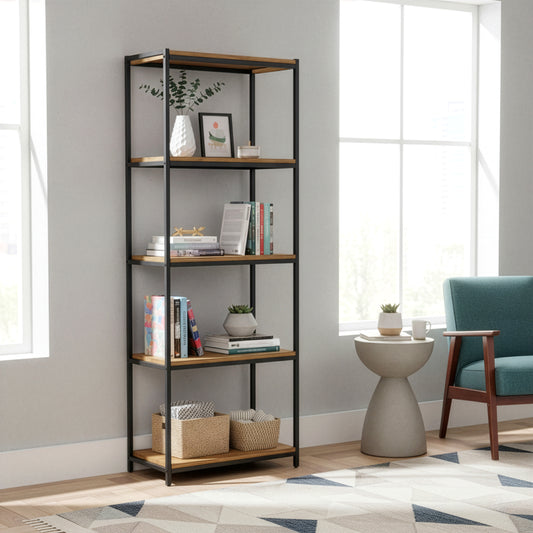 Ailis Brown 75" Pine Wood Shelf Etagere Bookcase Media Center with Metal Frame