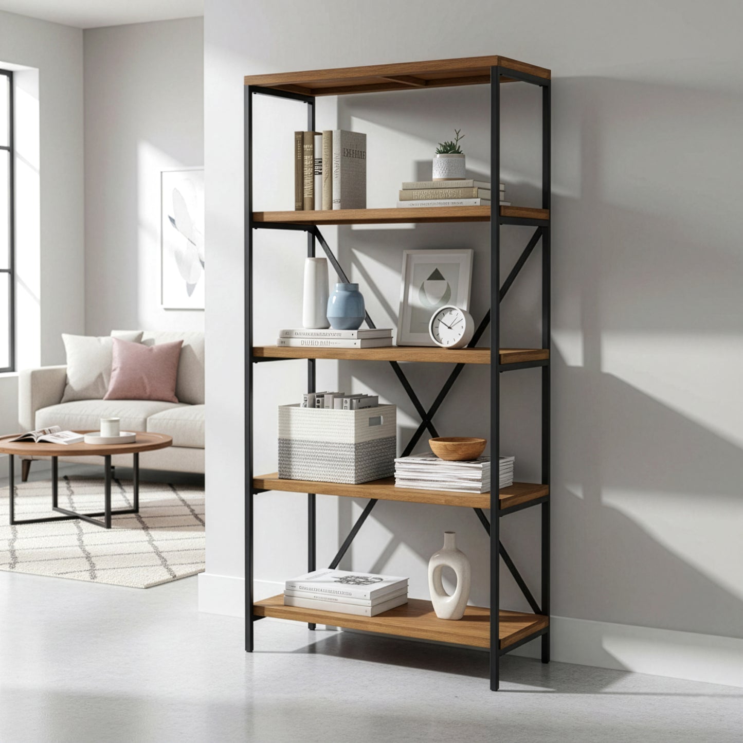Ailis 67" Brown Pine Wood Shelf Etagere Bookcase Media Center with Metal Frame