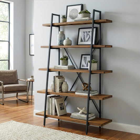 Ailis 71.5" Leaning Etagere Brown Pine Wood Metal Frame Bookcase Five-shelf Media Tower
