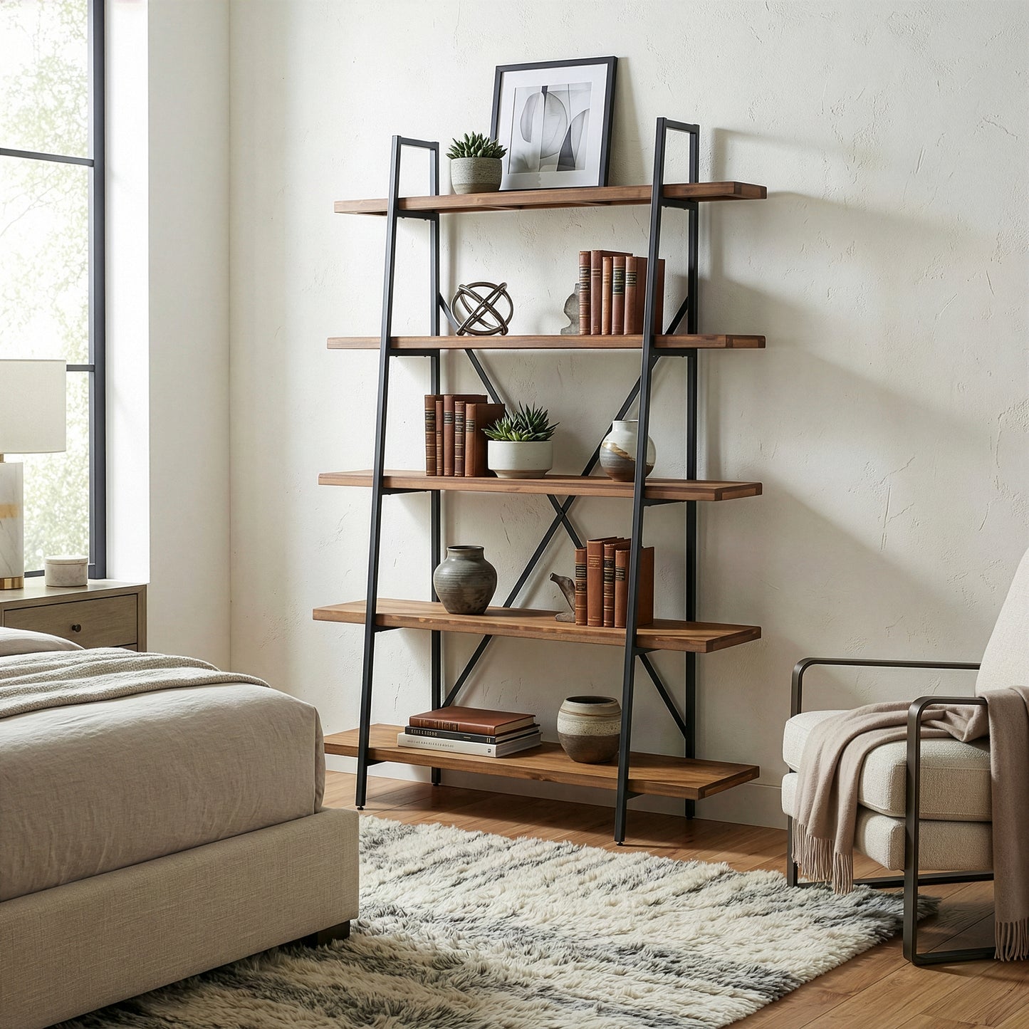 Ailis 71.5" Leaning Etagere Brown Pine Wood Metal Frame Bookcase Five-shelf Media Tower