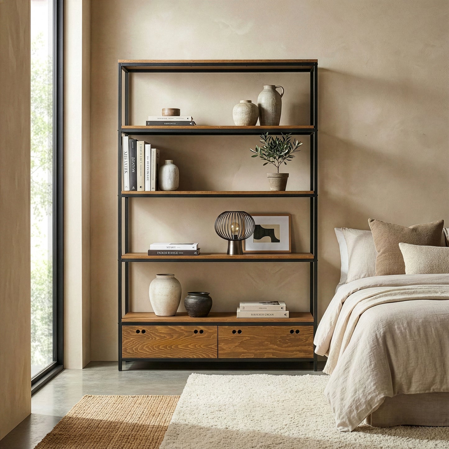 Alta Brown Pine Wood Display Shelf Etagere Metal Frame Bookcase with Drawers