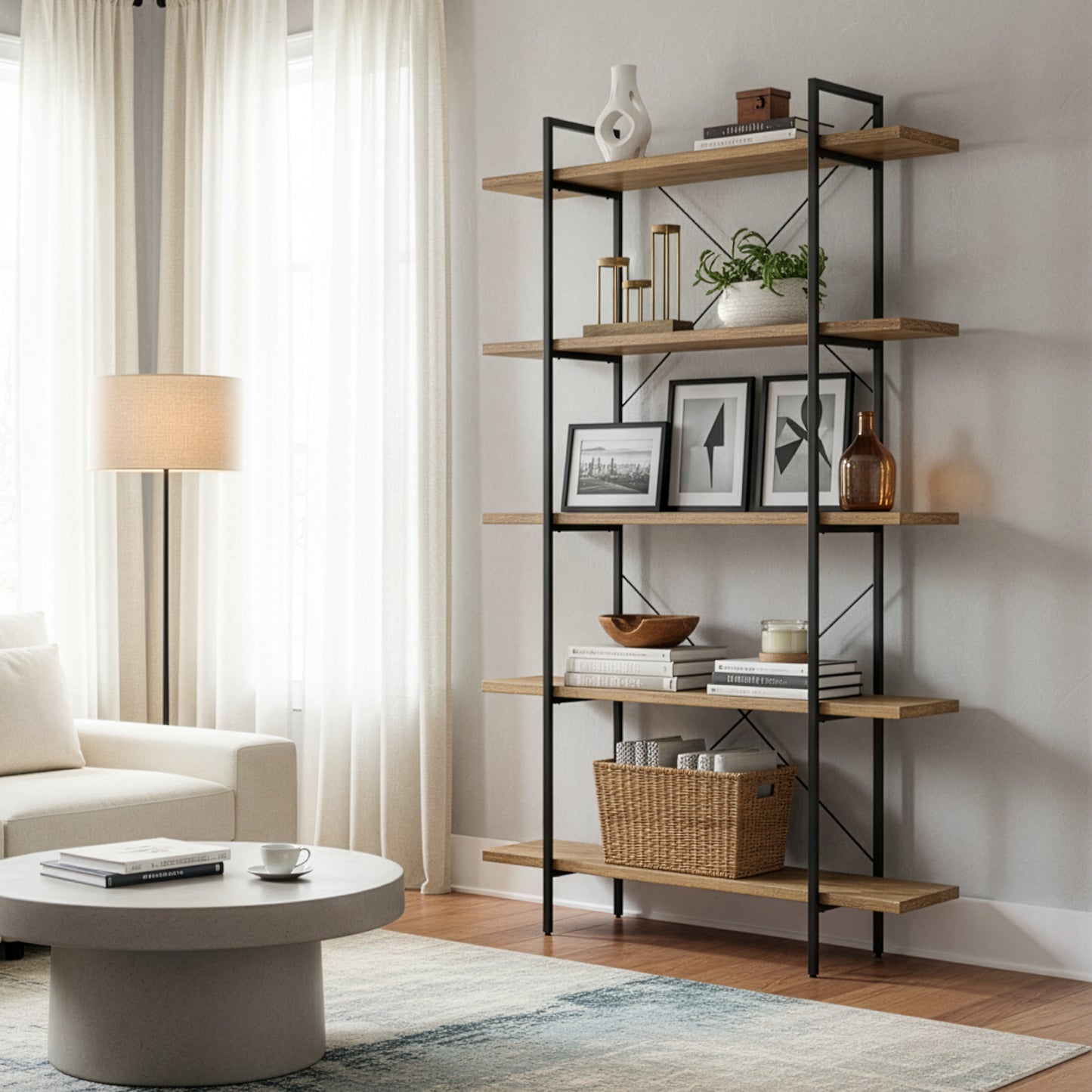 Amrit 84.5” Wood Shelf Metal Frame Etagere Bookcase Five-shelf Media Center