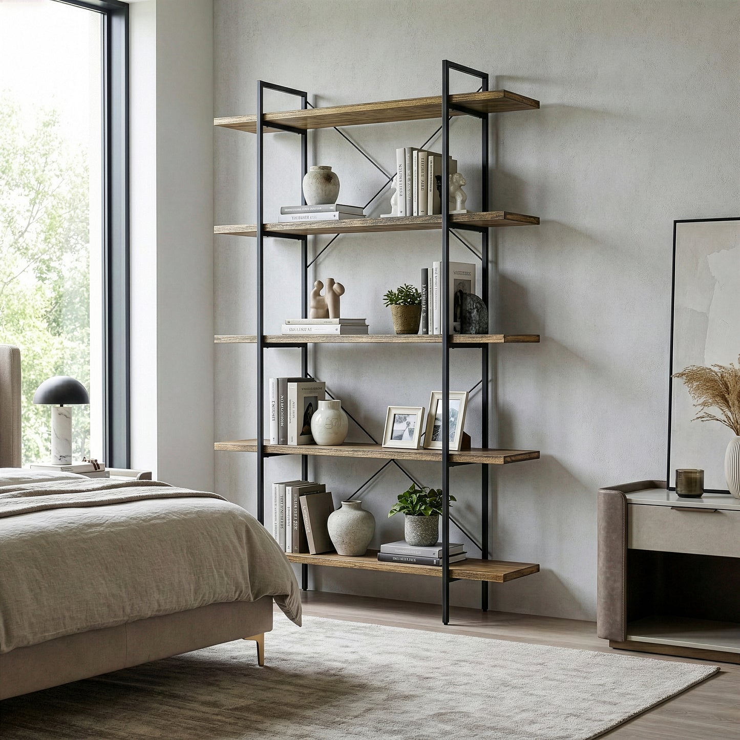 Amrit 84.5” Wood Shelf Metal Frame Etagere Bookcase Five-shelf Media Center