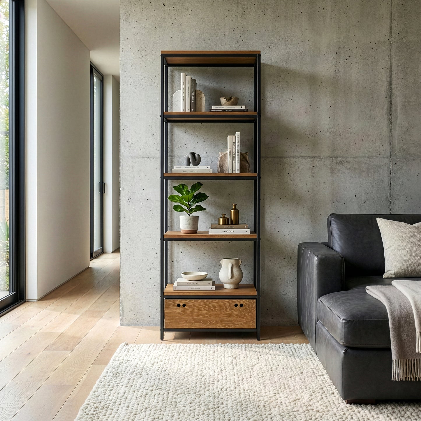 Amy Brown Pine Wood Display Shelf Etagere Metal Frame Bookcase with Drawer