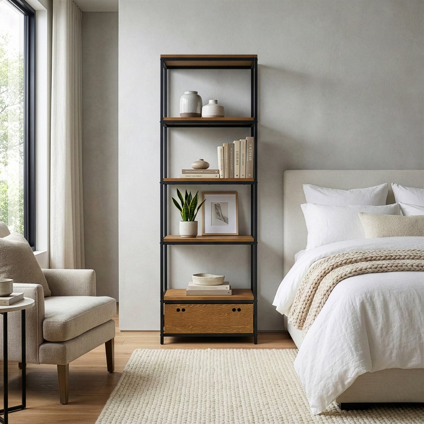 Amy Brown Pine Wood Display Shelf Etagere Metal Frame Bookcase with Drawer