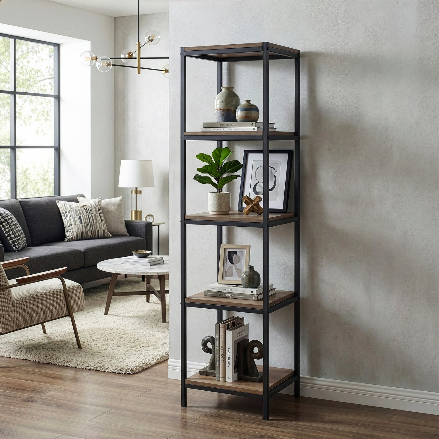 August 57.25 In. Light Brown Shelf Etagere Bookcase Media Center with Metal Frame