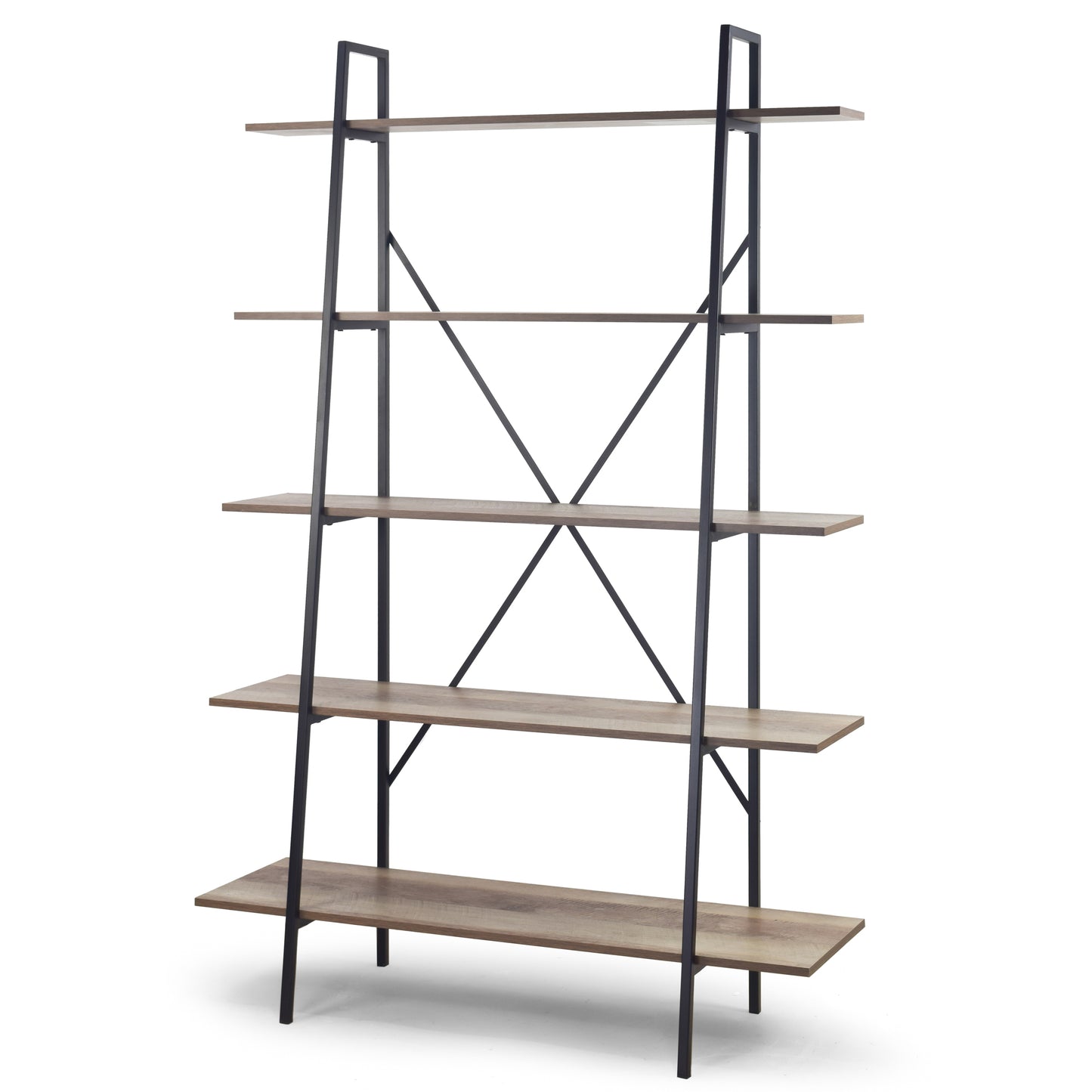 August 71.75 In. Leaning Etagere Light Brown Metal Frame Ladder Bookcase Five-shelf Media Tower
