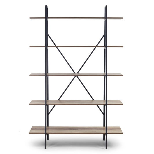 August 71.75 In. Leaning Etagere Light Brown Metal Frame Ladder Bookcase Five-shelf Media Tower