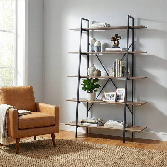August 71.75 In. Leaning Etagere Light Brown Metal Frame Ladder Bookcase Five-shelf Media Tower