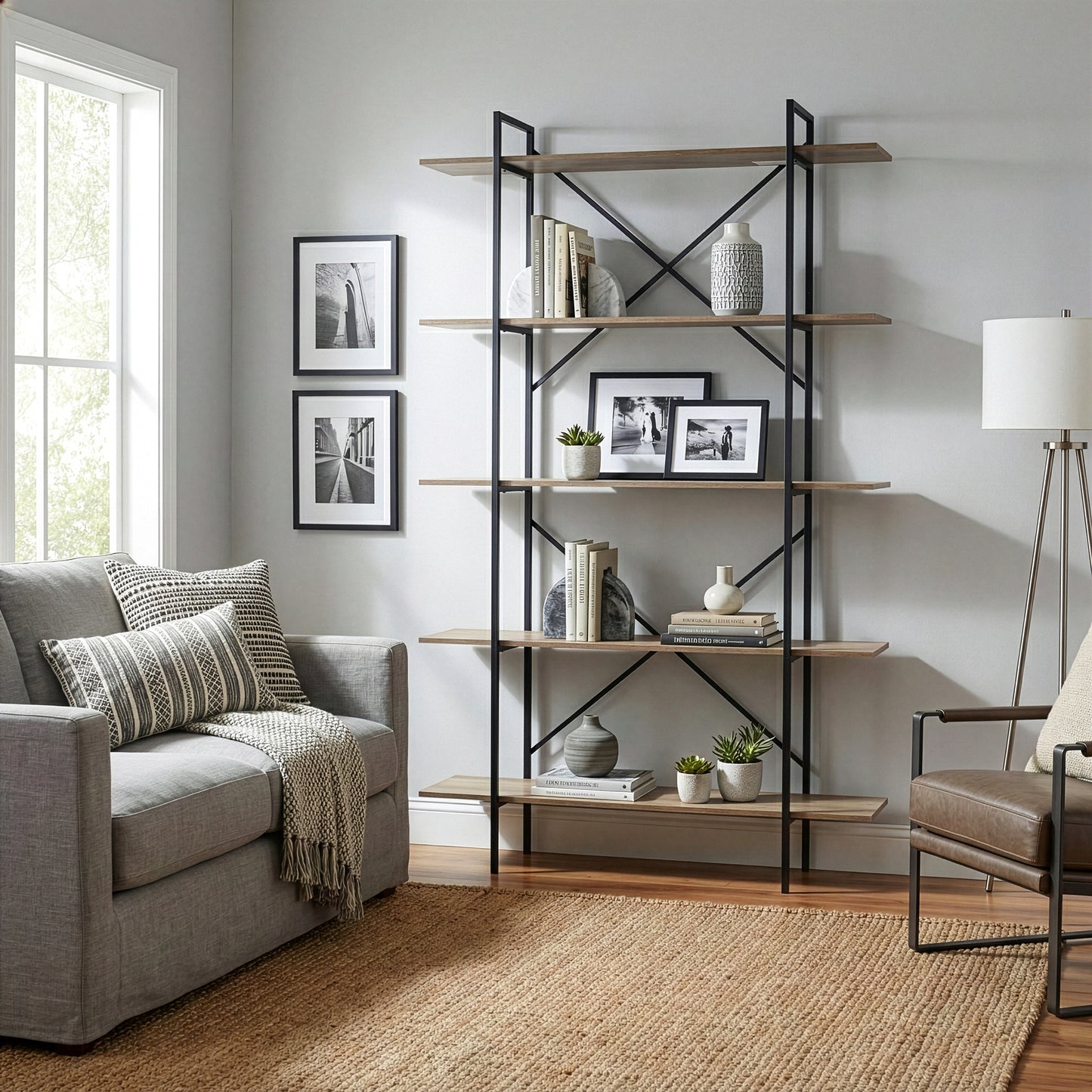 August 84.75 In. Metal Frame Light Brown Etagere Bookcase Five-shelf Media Center