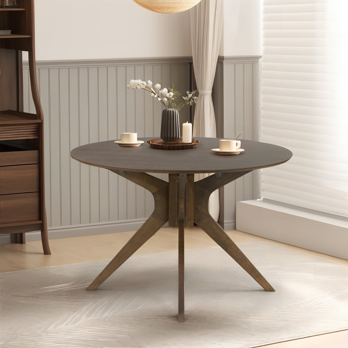 Blair Walnut Finish Round Wood Dining Table with Starburst Style Base