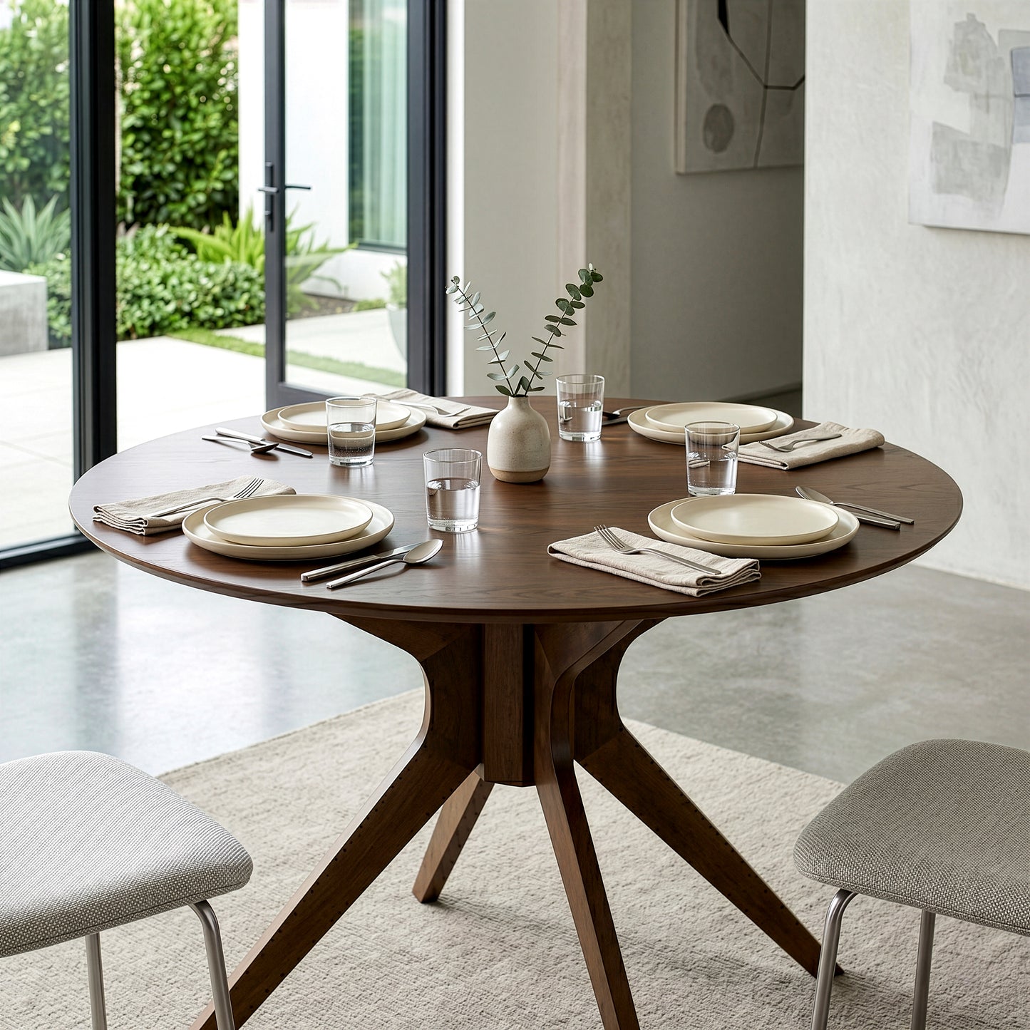 Blair Walnut Finish Round Wood Dining Table with Starburst Style Base