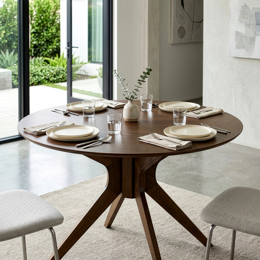 Blair Walnut Finish Round Wood Dining Table with Starburst Style Base